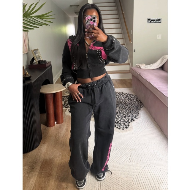 Beaded Zip-up Hooded Sweatshirt Casual Pants Set