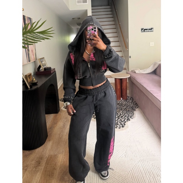 Beaded Zip-up Hooded Sweatshirt Casual Pants Set