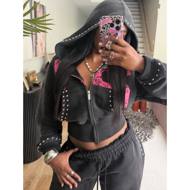 Beaded Zip-up Hooded Sweatshirt Casual Pants Set