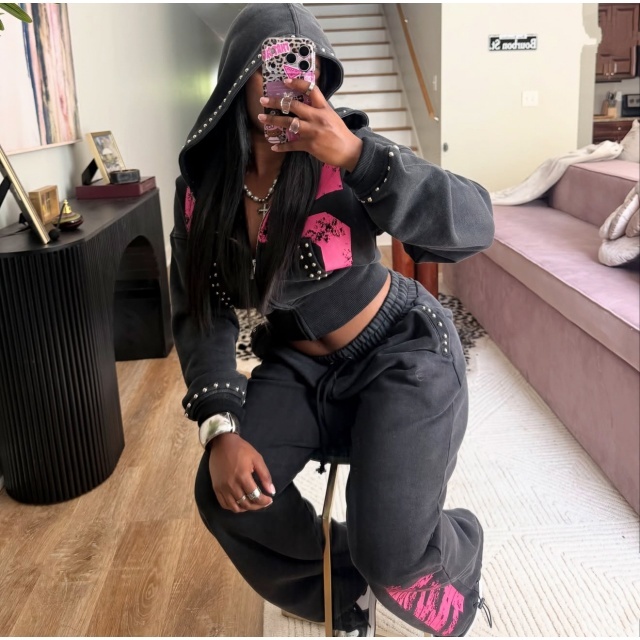 Beaded Zip-up Hooded Sweatshirt Casual Pants Set