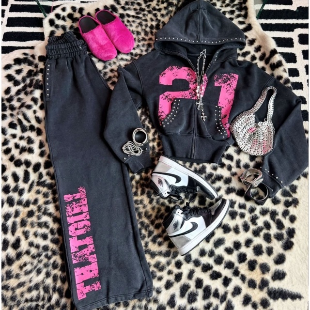 Beaded Zip-up Hooded Sweatshirt Casual Pants Set