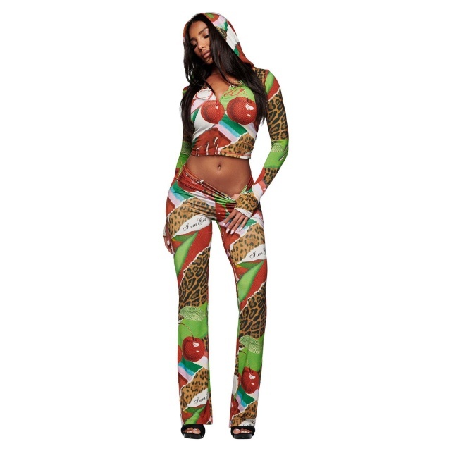 Colorblock Printed Hooded Top Slim Fitted Pant Set