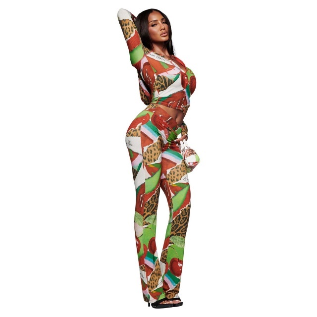 Colorblock Printed Hooded Top Slim Fitted Pant Set