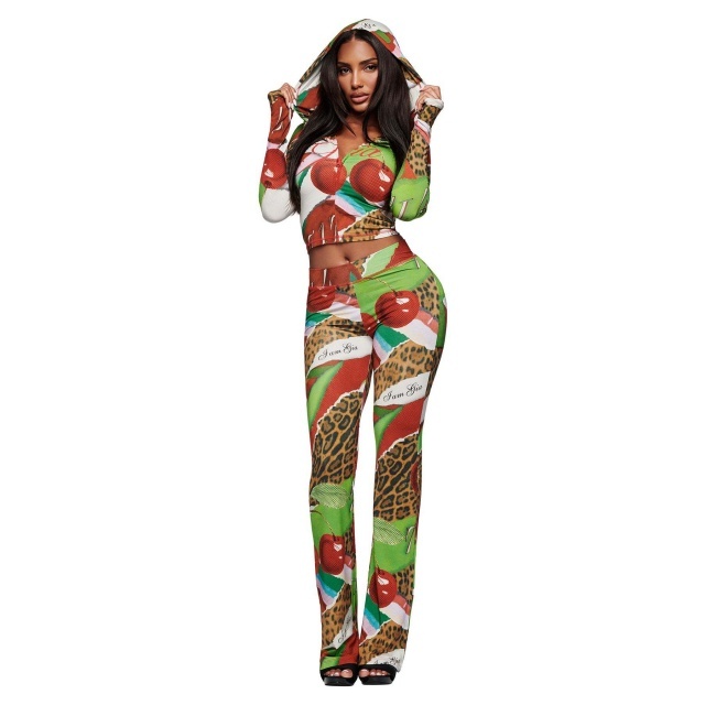 Colorblock Printed Hooded Top Slim Fitted Pant Set