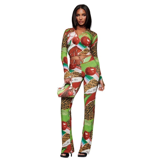 Colorblock Printed Hooded Top Slim Fitted Pant Set