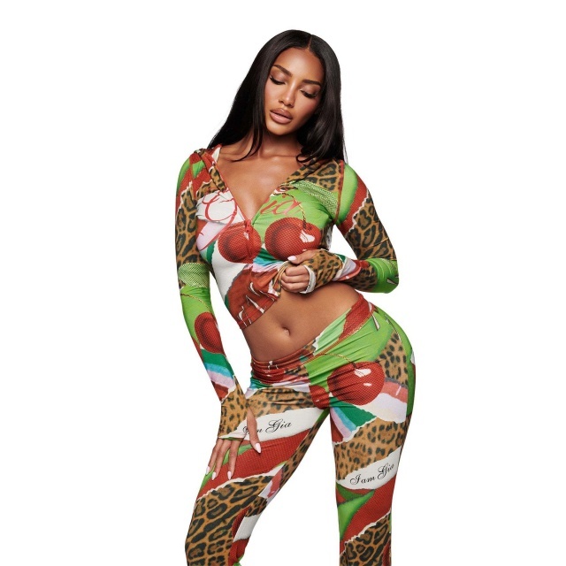 Colorblock Printed Hooded Top Slim Fitted Pant Set