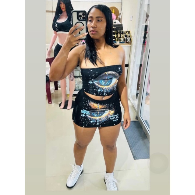 Eye-print Tube Top Slim Mini Skirt Set