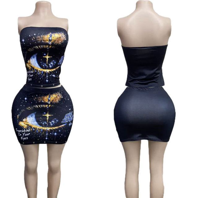 Eye-print Tube Top Slim Mini Skirt Set