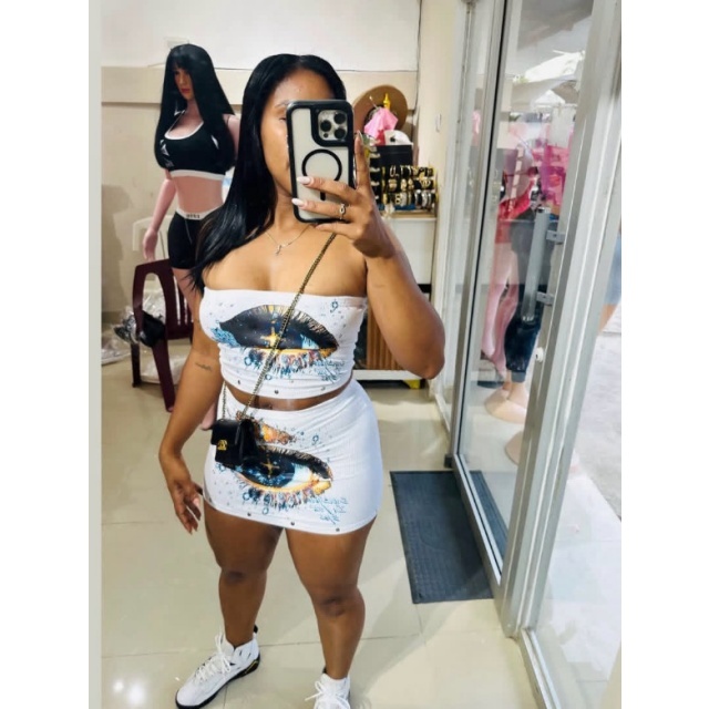 Eye-print Tube Top Slim Mini Skirt Set