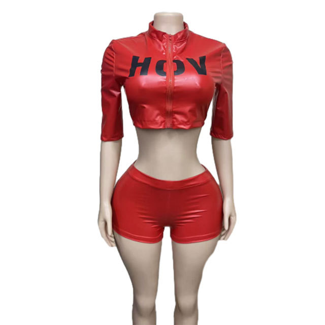 HOV PU Leather Zip-up Cropped Top Slim Short Set