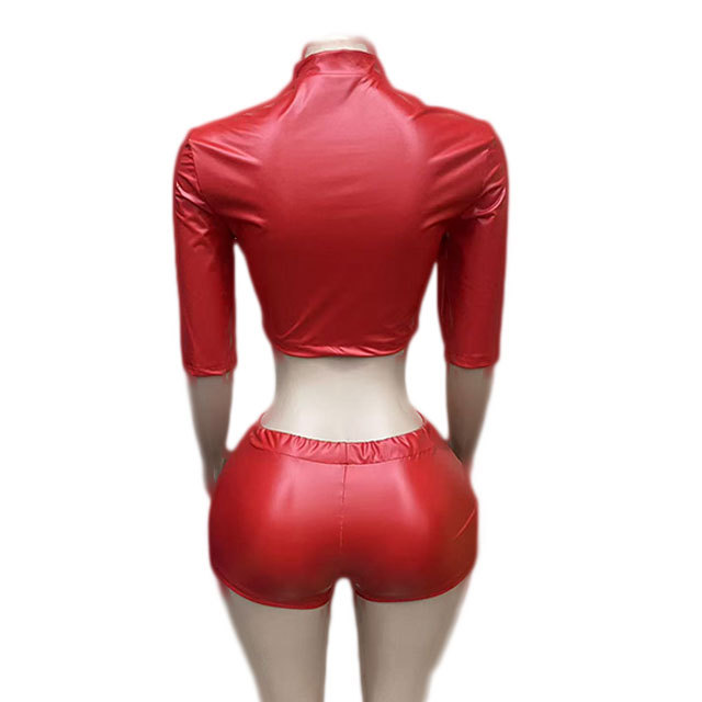 HOV PU Leather Zip-up Cropped Top Slim Short Set
