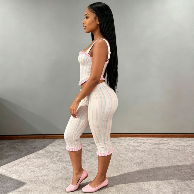 Fashion Striped Ruffle Bustier Top Midi Pants Set