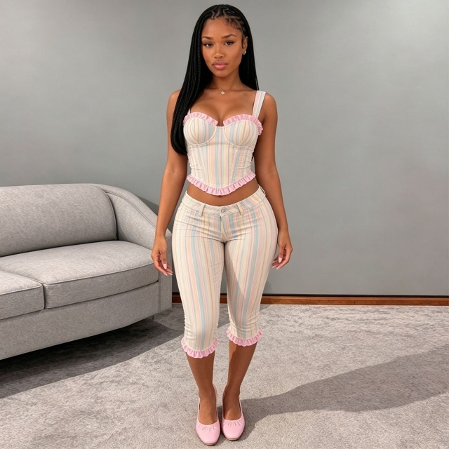 Fashion Striped Ruffle Bustier Top Midi Pants Set