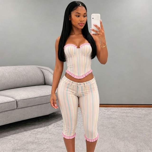 Fashion Striped Ruffle Bustier Top Midi Pants Set