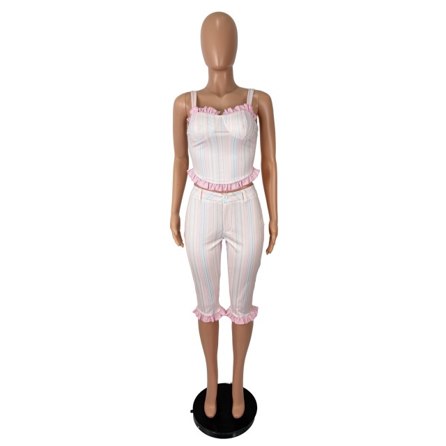 Fashion Striped Ruffle Bustier Top Midi Pants Set
