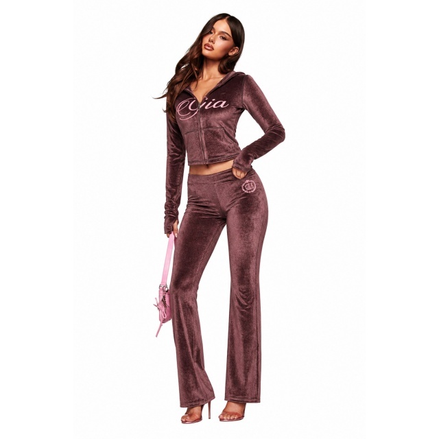 Velvet Hooded Sweatshirt Slim Fitted Pant Set