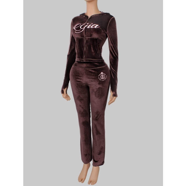 Velvet Hooded Sweatshirt Slim Fitted Pant Set