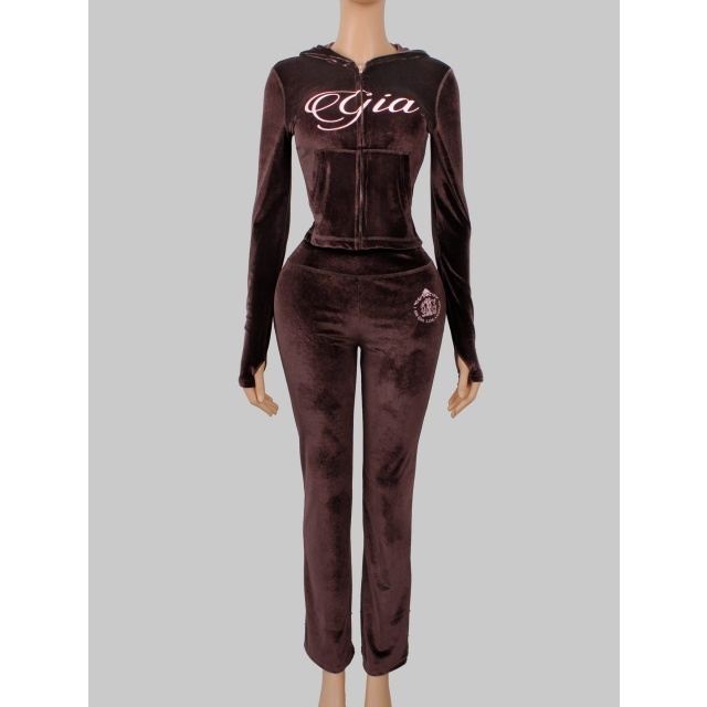 Velvet Hooded Sweatshirt Slim Fitted Pant Set