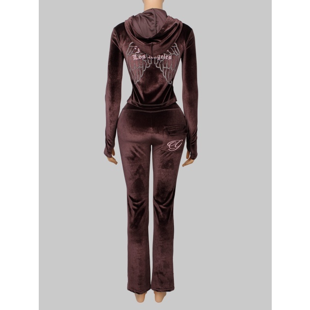 Velvet Hooded Sweatshirt Slim Fitted Pant Set