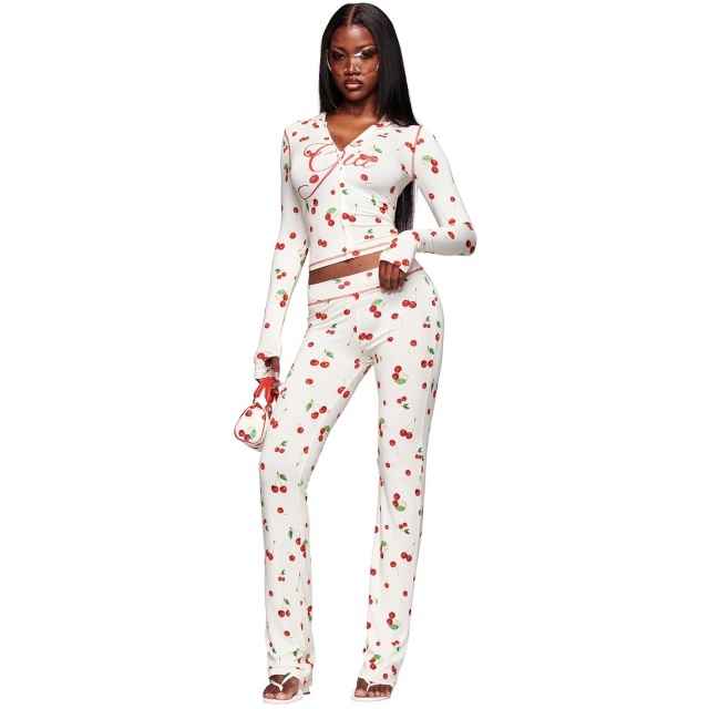 Cherry Printed Hooded Top Slim Fitted Pant Set