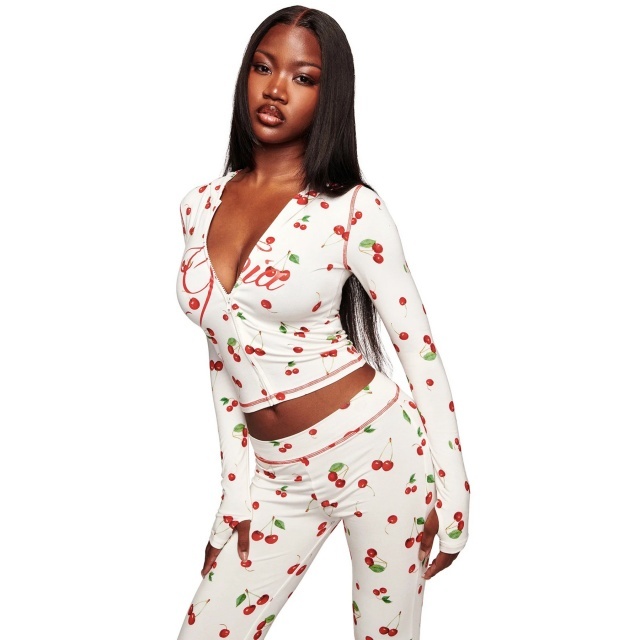 Cherry Printed Hooded Top Slim Fitted Pant Set