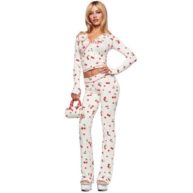 Cherry Printed Hooded Top Slim Fitted Pant Set