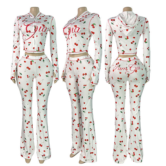 Cherry Printed Hooded Top Slim Fitted Pant Set