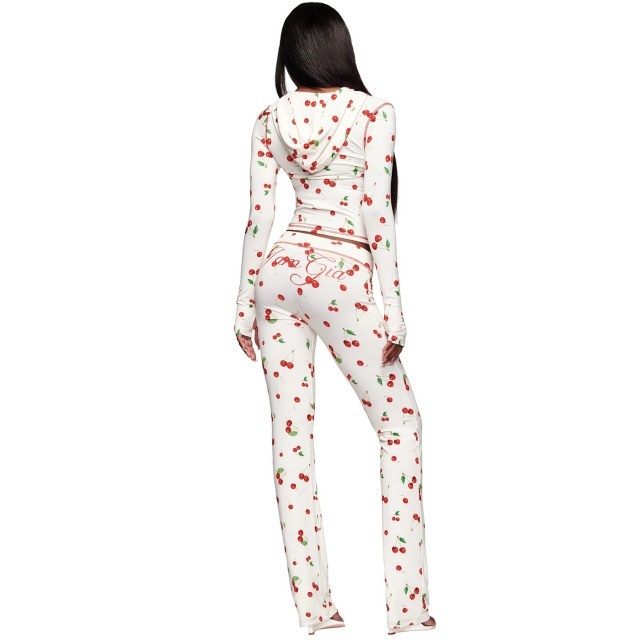 Cherry Printed Hooded Top Slim Fitted Pant Set
