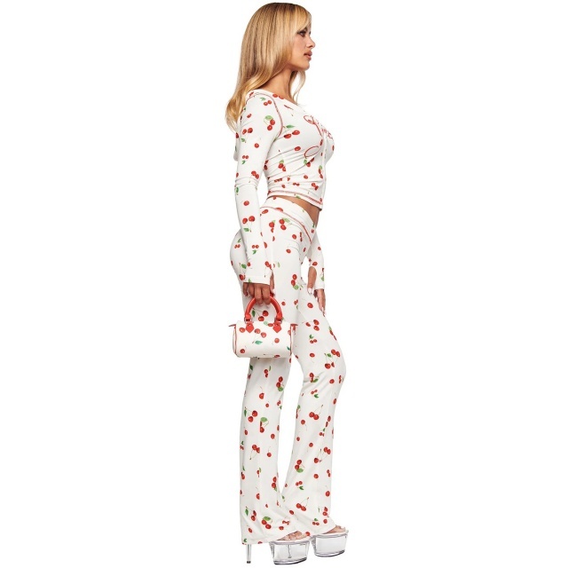 Cherry Printed Hooded Top Slim Fitted Pant Set