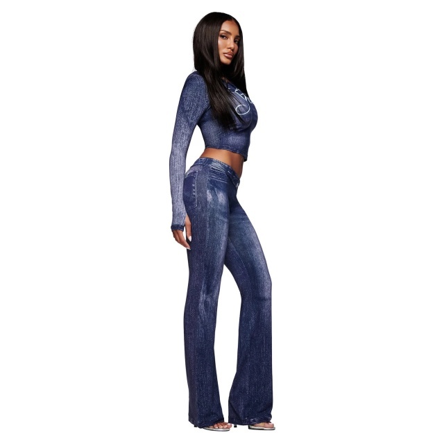 Denim-print Hooded Top Slim Fitted Pant Set