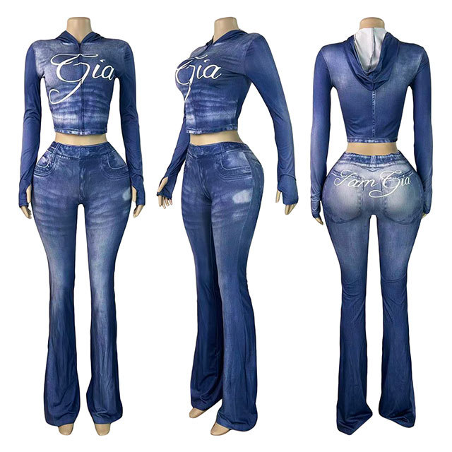 Denim-print Hooded Top Slim Fitted Pant Set