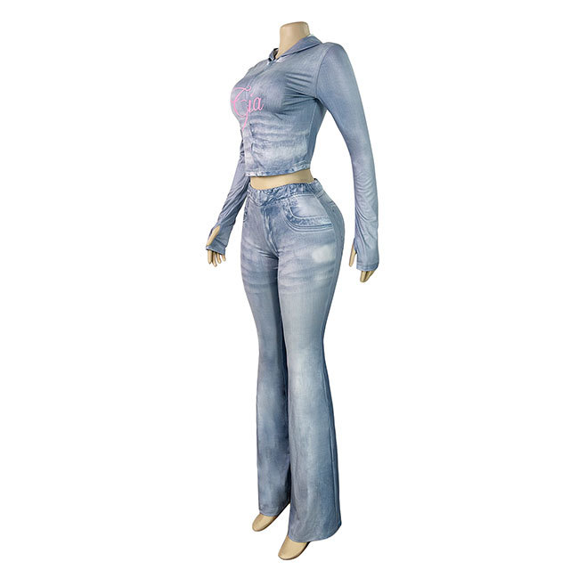 Denim-print Hooded Top Slim Fitted Pant Set