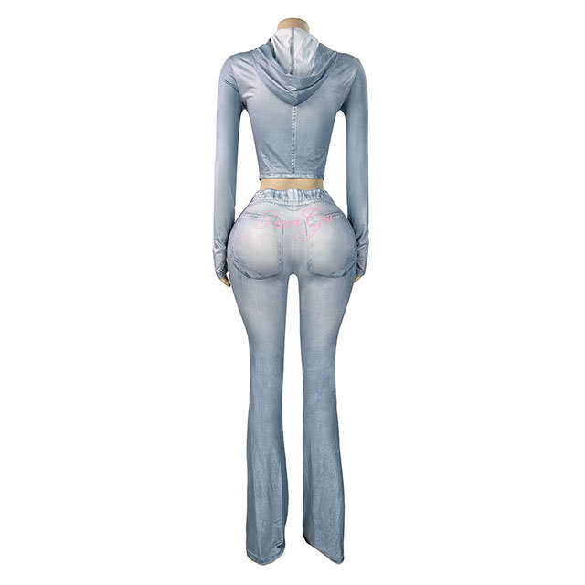 Denim-print Hooded Top Slim Fitted Pant Set