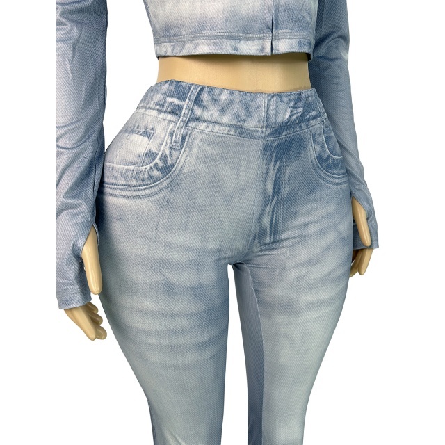 Denim-print Hooded Top Slim Fitted Pant Set