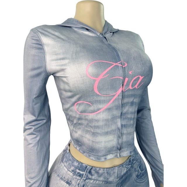 Denim-print Hooded Top Slim Fitted Pant Set