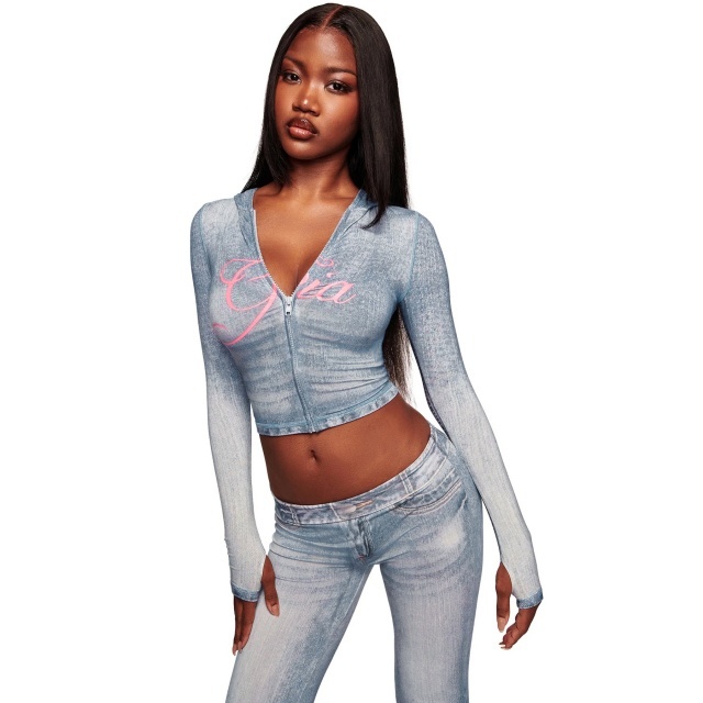 Denim-print Hooded Top Slim Fitted Pant Set