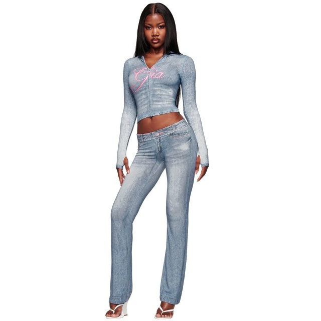 Denim-print Hooded Top Slim Fitted Pant Set
