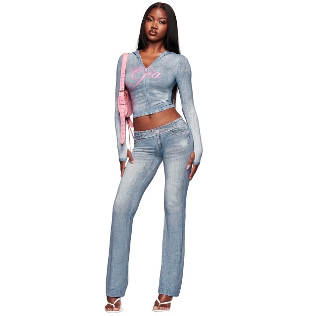 Denim-print Hooded Top Slim Fitted Pant Set