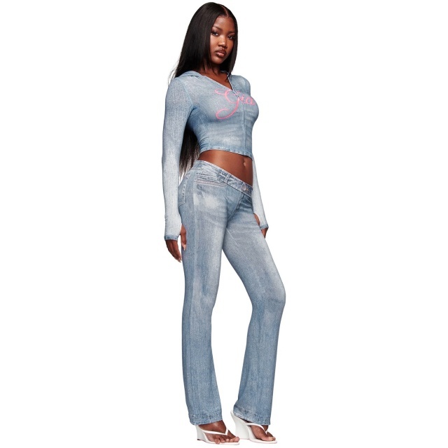 Denim-print Hooded Top Slim Fitted Pant Set