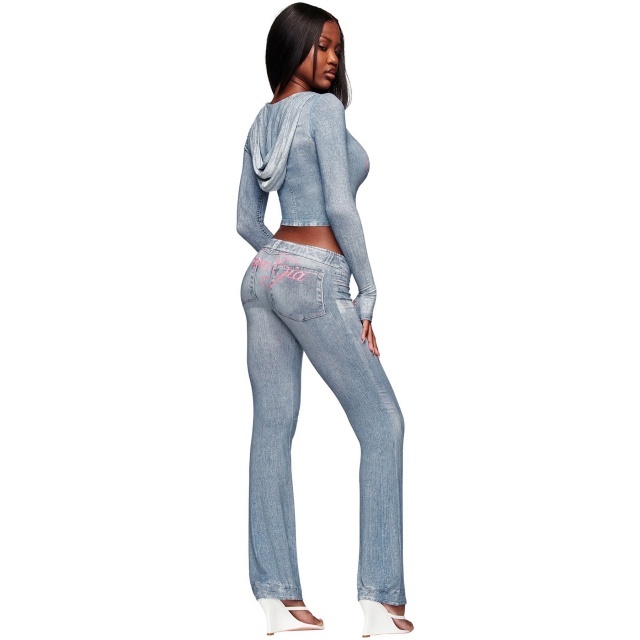 Denim-print Hooded Top Slim Fitted Pant Set