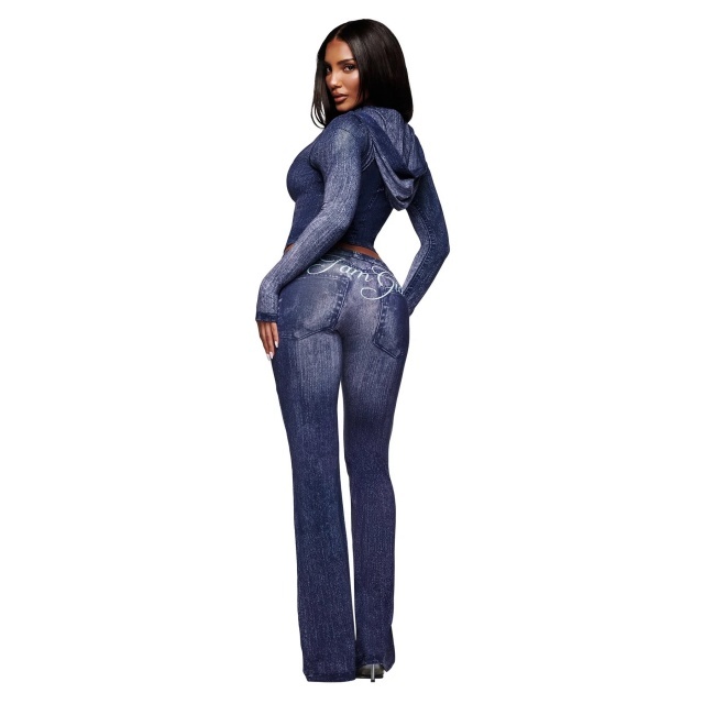 Denim-print Hooded Top Slim Fitted Pant Set