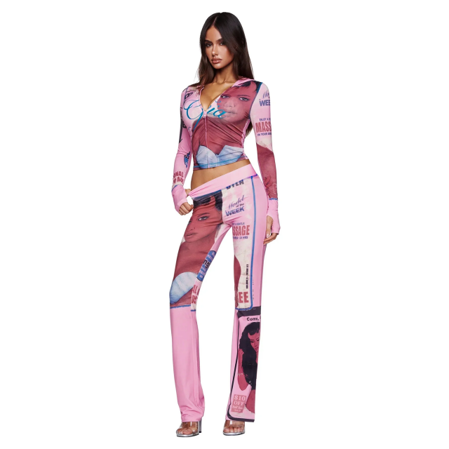 Figure-print Slim Fitted 2 Pieces Pant Set