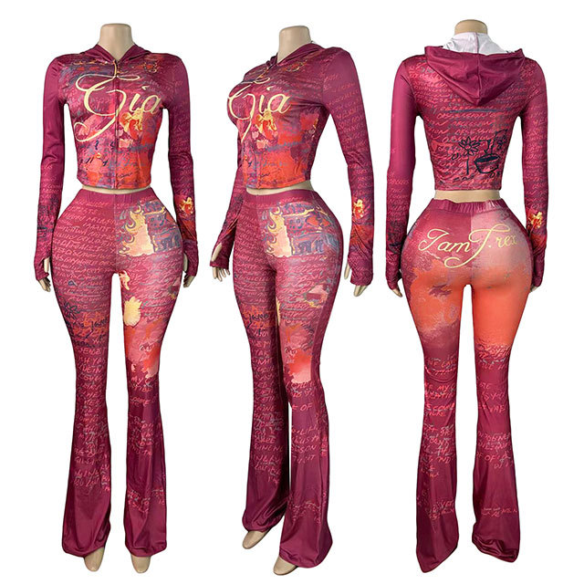 Graffiti Printed Hooded Top Slim Fitted Pant Set