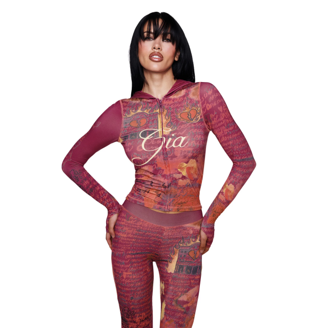 Graffiti Printed Hooded Top Slim Fitted Pant Set