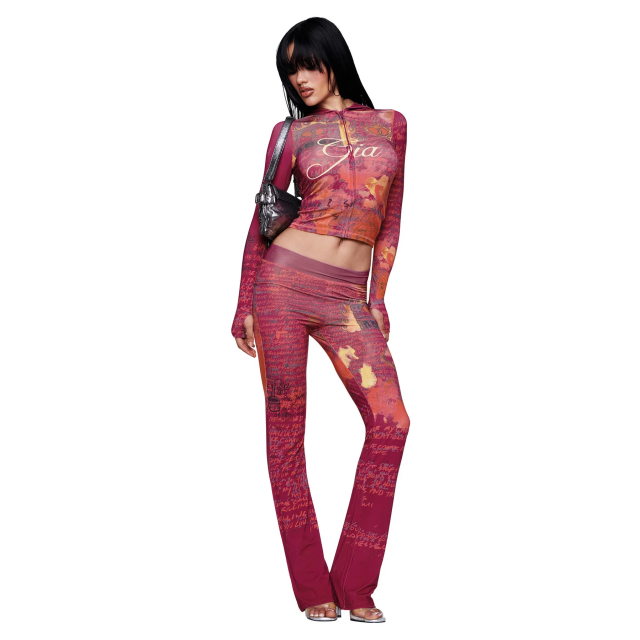 Graffiti Printed Hooded Top Slim Fitted Pant Set