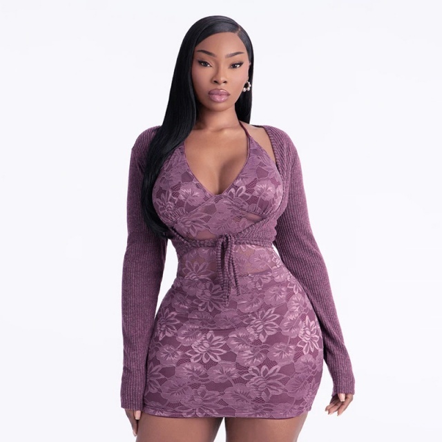 Halter V-neck Lace Dress with Cardigan Set
