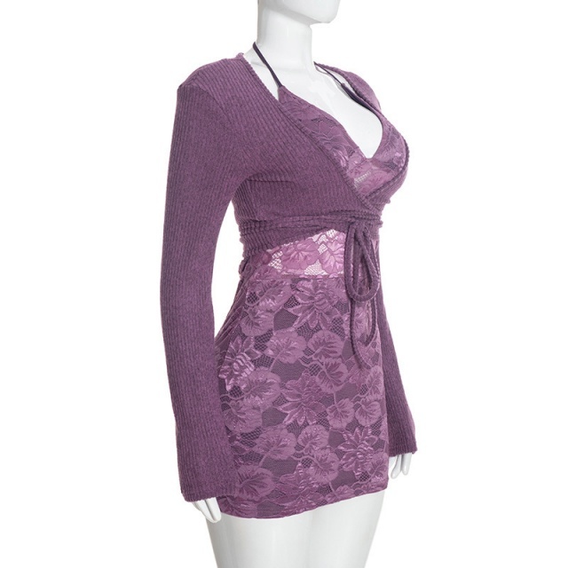 Halter V-neck Lace Dress with Cardigan Set