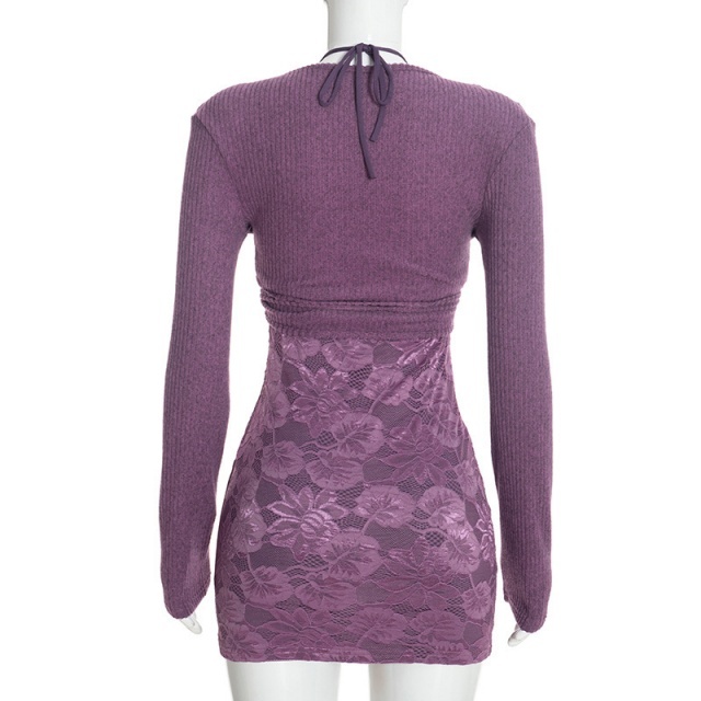 Halter V-neck Lace Dress with Cardigan Set
