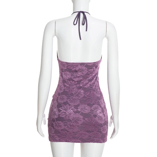 Halter V-neck Lace Dress with Cardigan Set