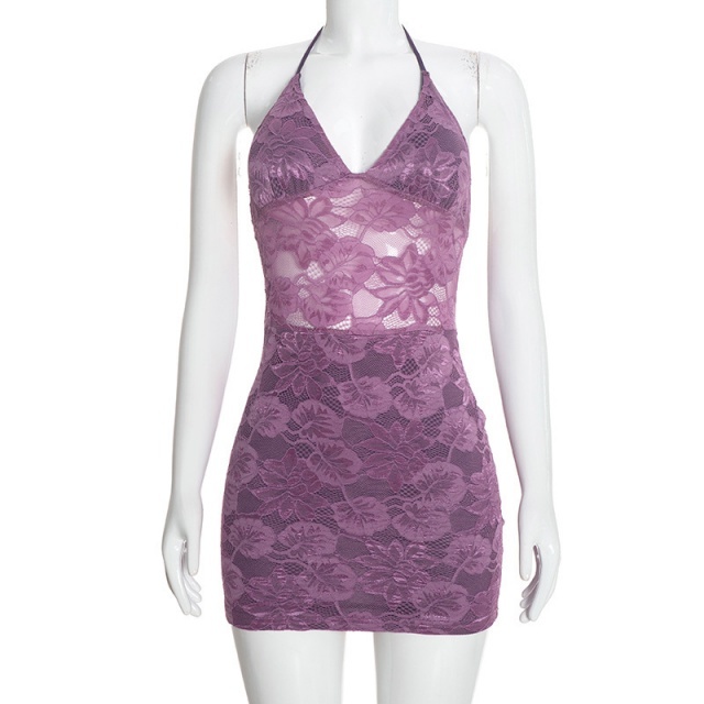 Halter V-neck Lace Dress with Cardigan Set